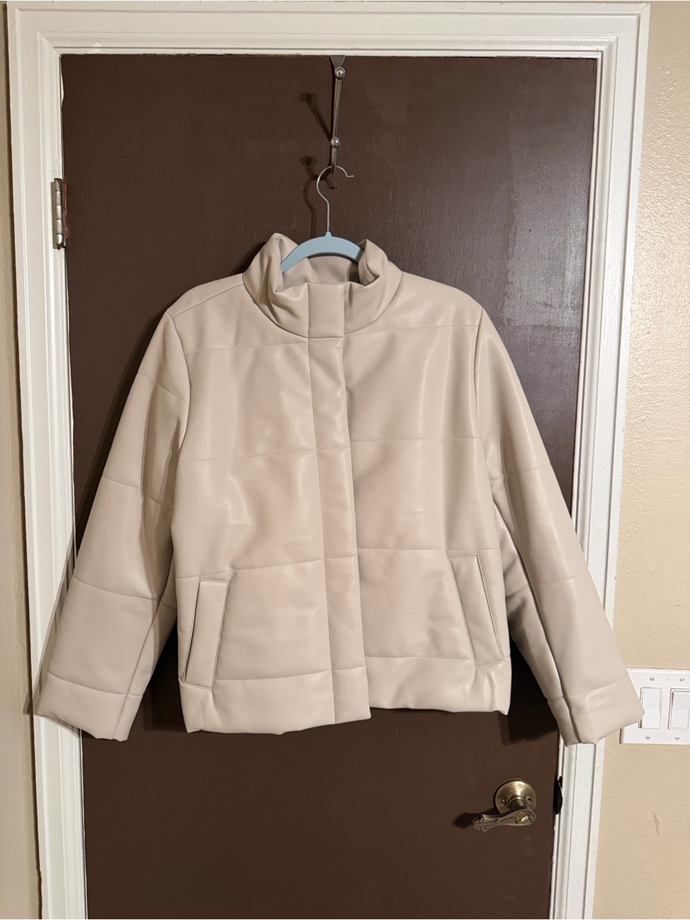 J.Jill Faux Leather Puffer Jacket Large Cream Hidden Snap Minimalist